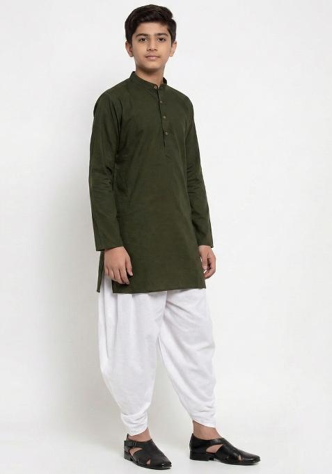 Mehendi Green Plain Cotton Kurta Set For Boys