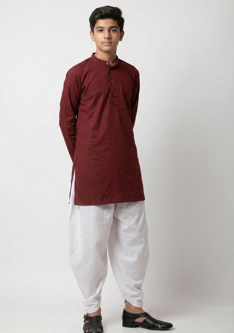 Maroon Plain Cotton Kurta Set For Boys - Indya