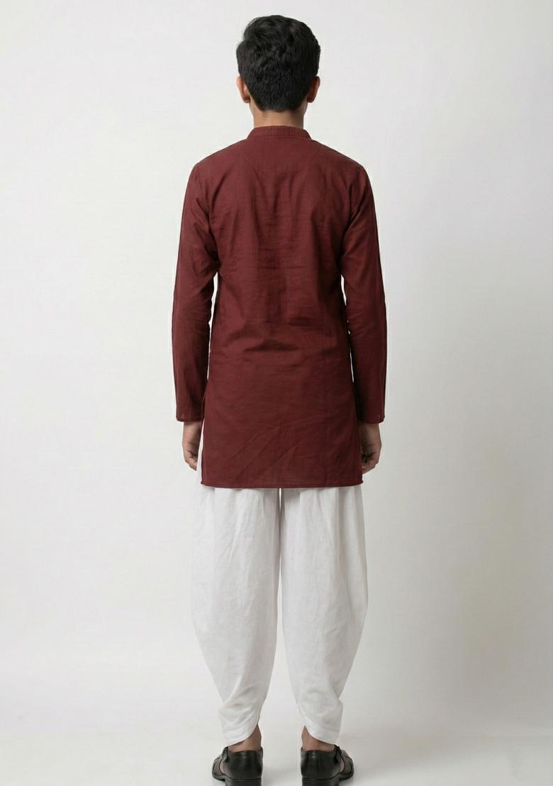 Maroon Plain Cotton Kurta Set For Boys - Indya