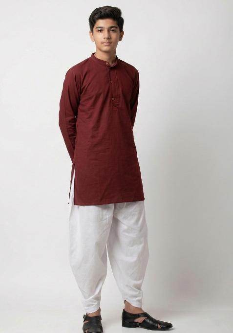 Maroon Plain Cotton Kurta Set For Boys