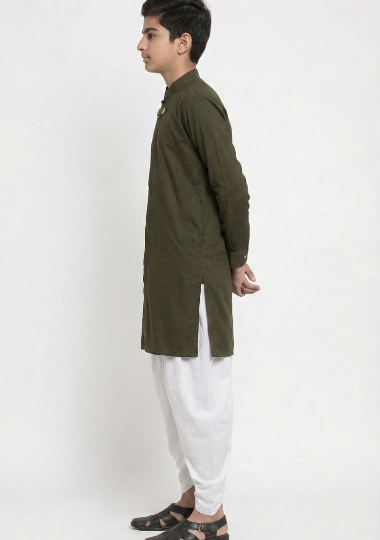Mehendi Green Plain Cotton Kurta Set For Boys - Indya