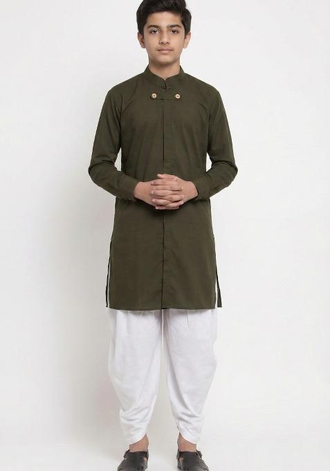 Mehendi Green Plain Cotton Kurta Set For Boys