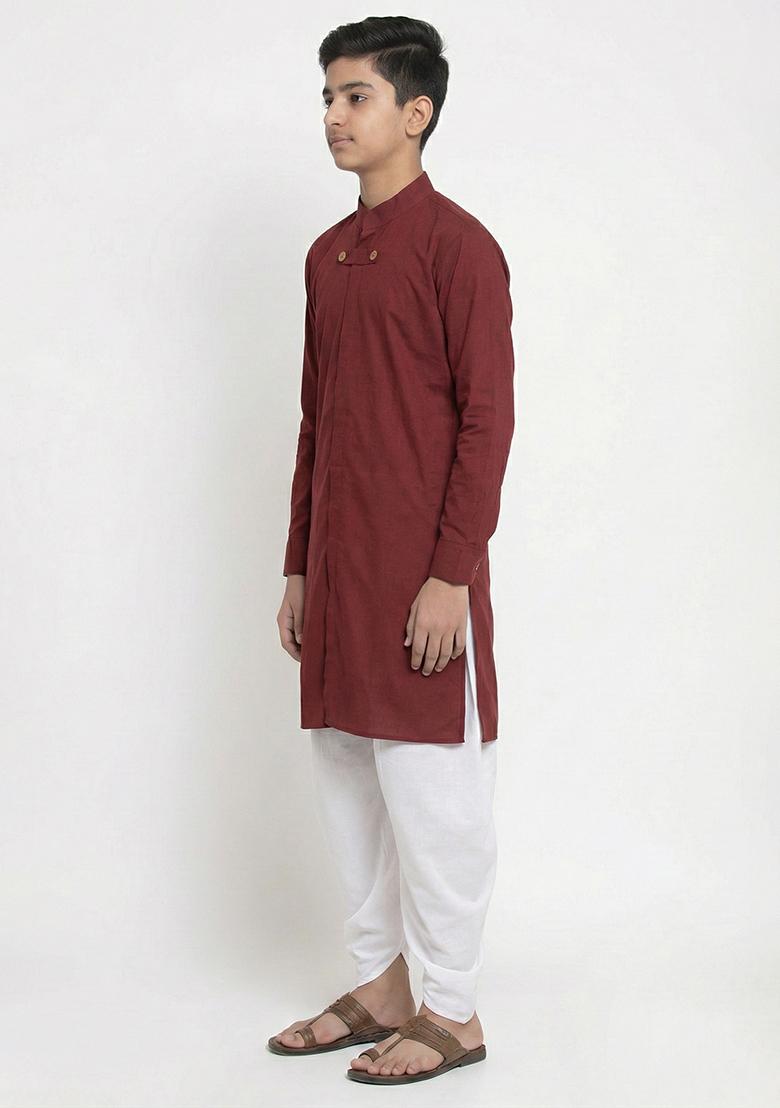 Maroon Plain Cotton Kurta Set For Boys - Indya