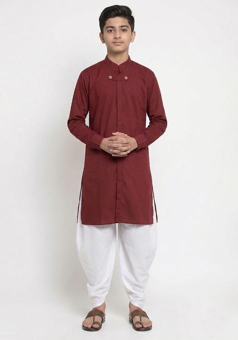 Maroon Plain Cotton Kurta Set For Boys