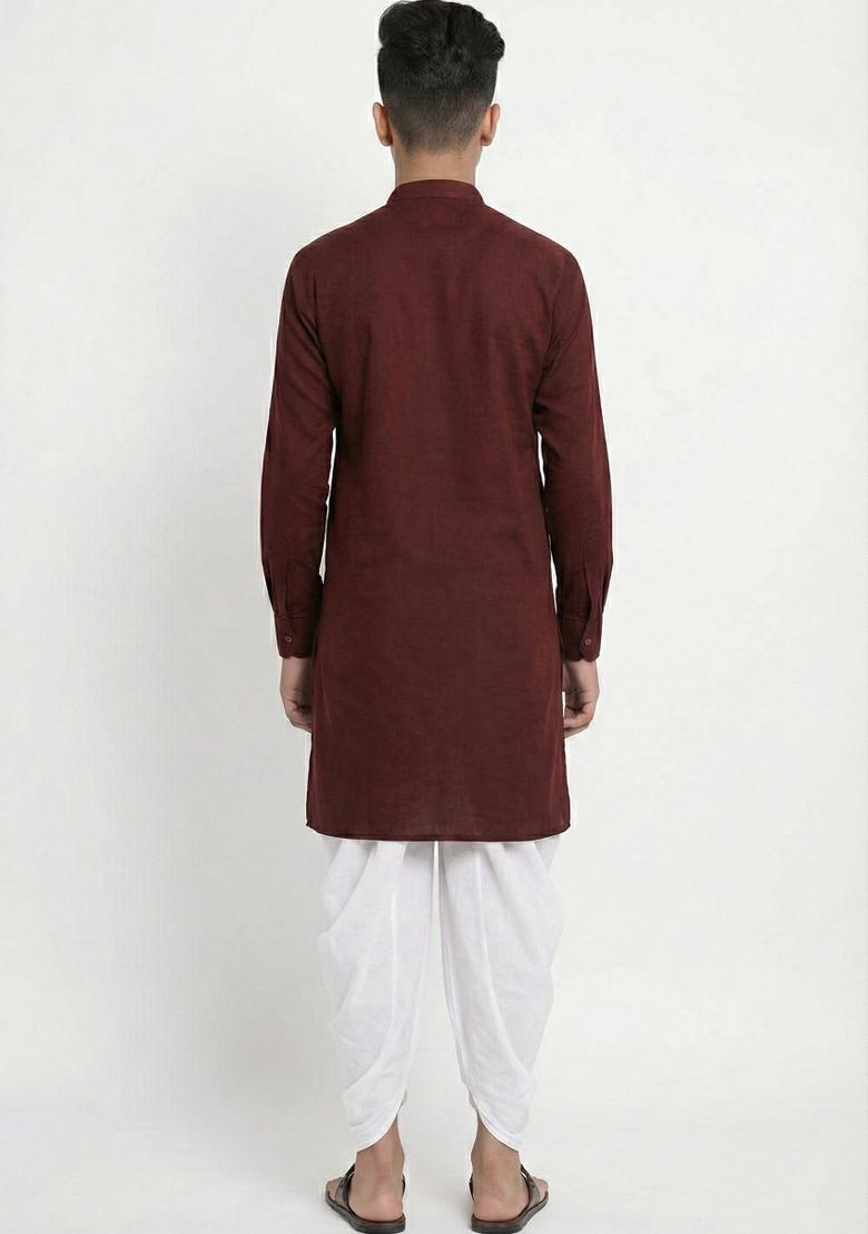 Maroon Plain Cotton Kurta Set For Boys - Indya