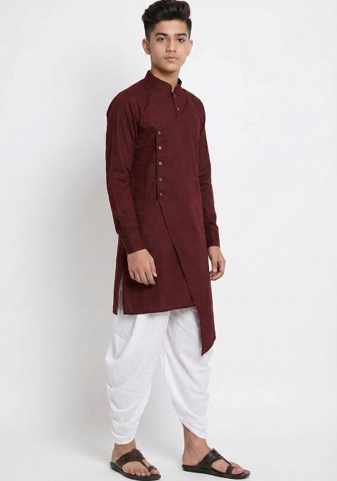 Maroon Plain Cotton Kurta Set For Boys