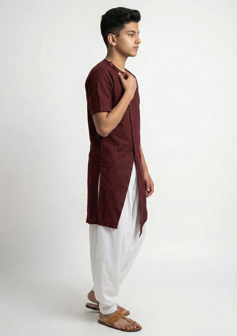 Maroon Plain Cotton Kurta Set For Boys - Indya
