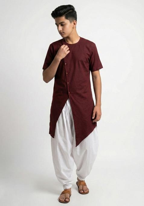Maroon Plain Cotton Kurta Set For Boys