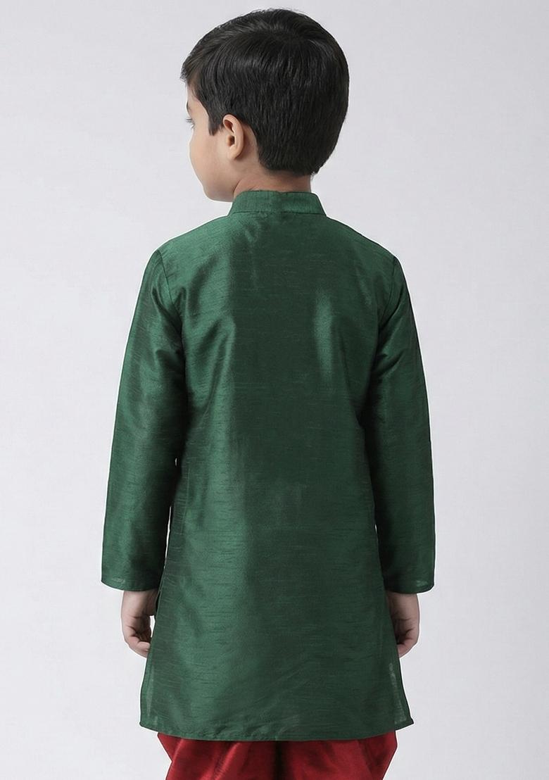 Bottle Green Embrodiery Silk Kurta For Boys - Indya