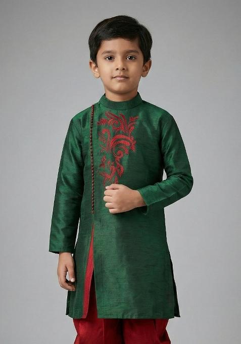 Bottle Green Embrodiery Silk Kurta For Boys