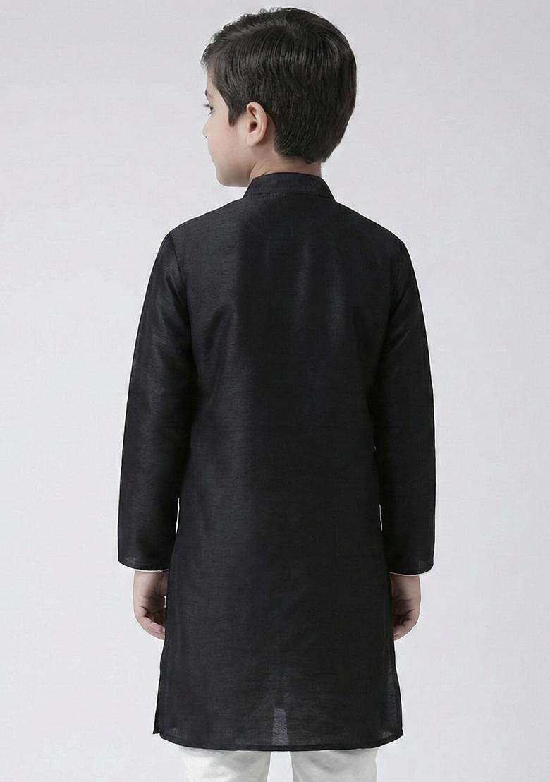Black Embrodiery Silk Kurta For Boys - Indya