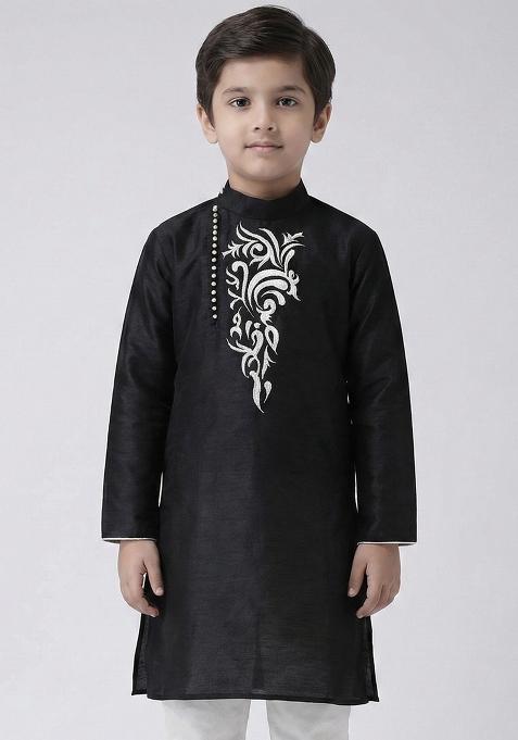 Black Embrodiery Silk Kurta For Boys