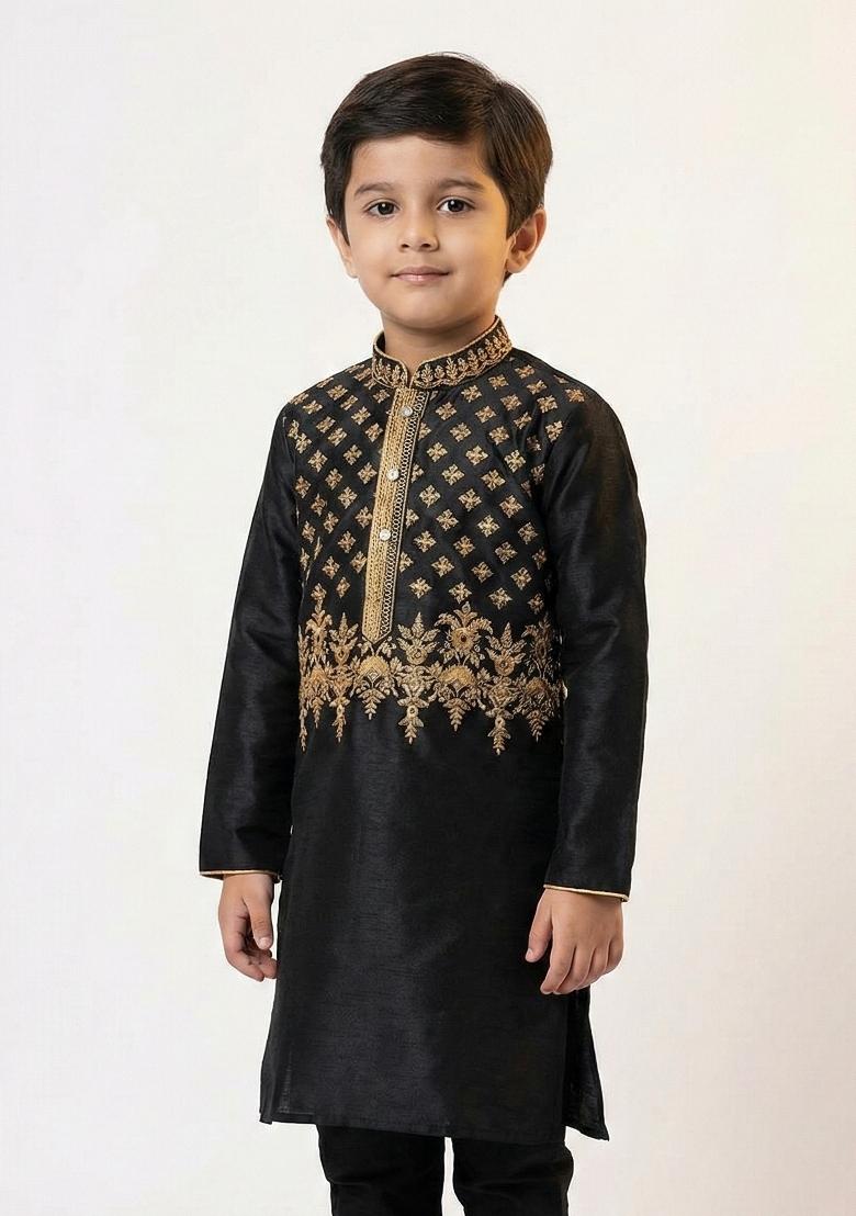 Black Heavy Emb Silk Kurta For Boys - Indya