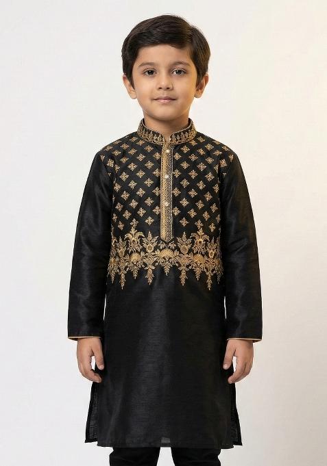 Black Heavy Emb Silk Kurta For Boys