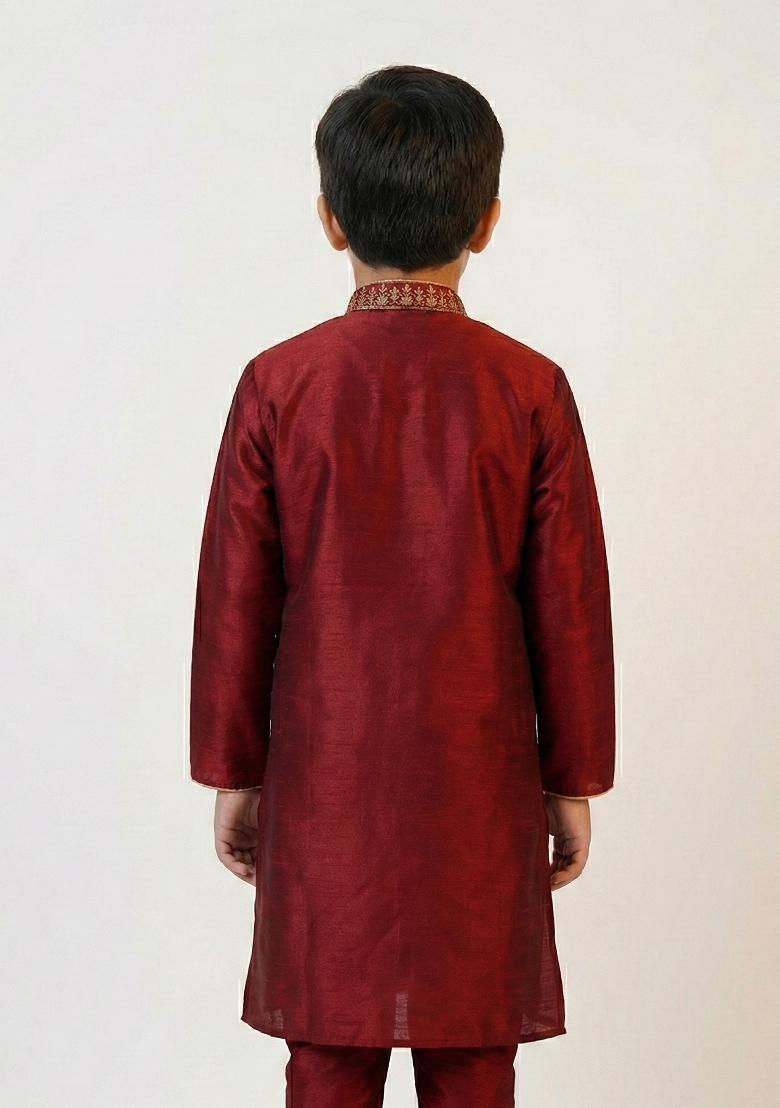 Maroon Heavy Emb Silk Kurta For Boys - Indya