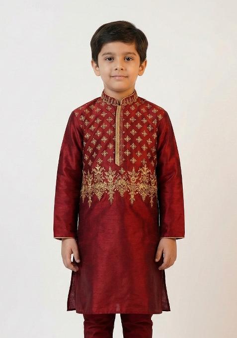 Maroon Heavy Emb Silk Kurta For Boys