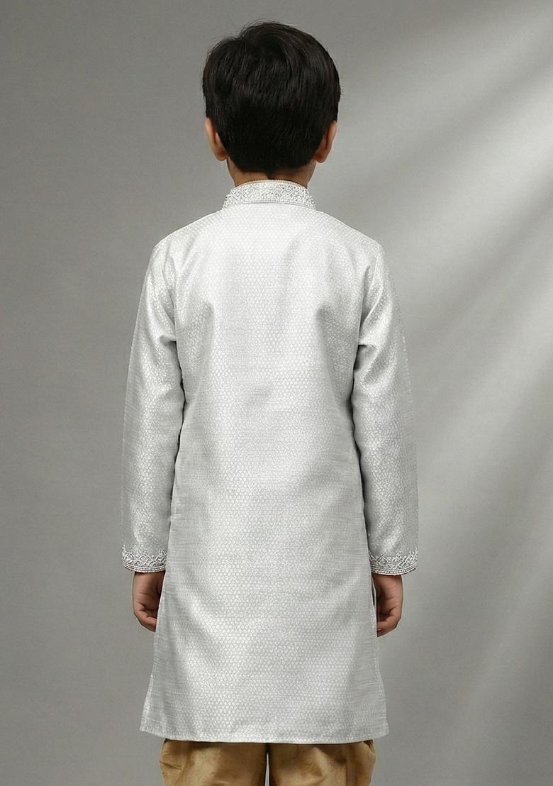 Grey Aari Emb Silk Kurta For Boys - Indya