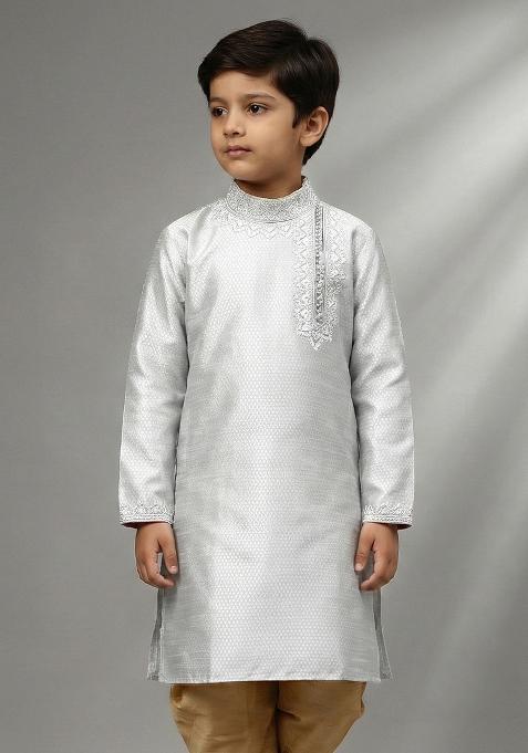 Grey Aari Emb Silk Kurta For Boys