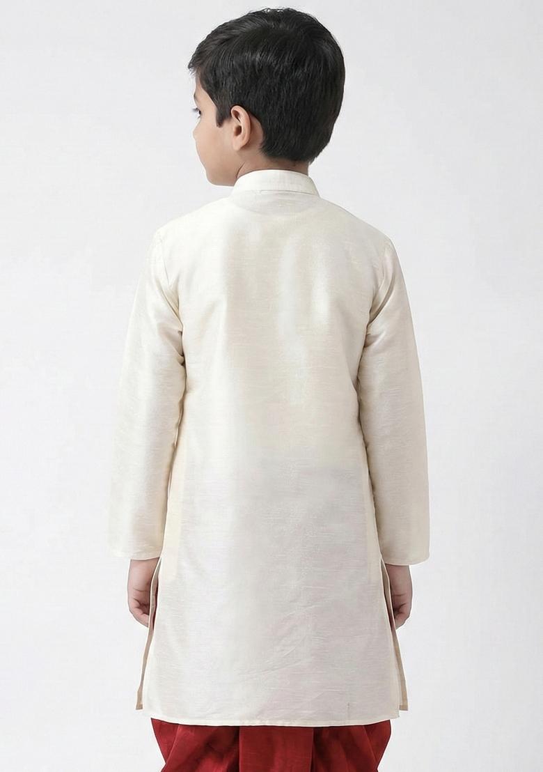 White Embrodiery Silk Kurta For Boys - Indya