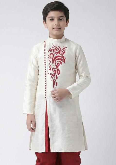 White Embrodiery Silk Kurta For Boys