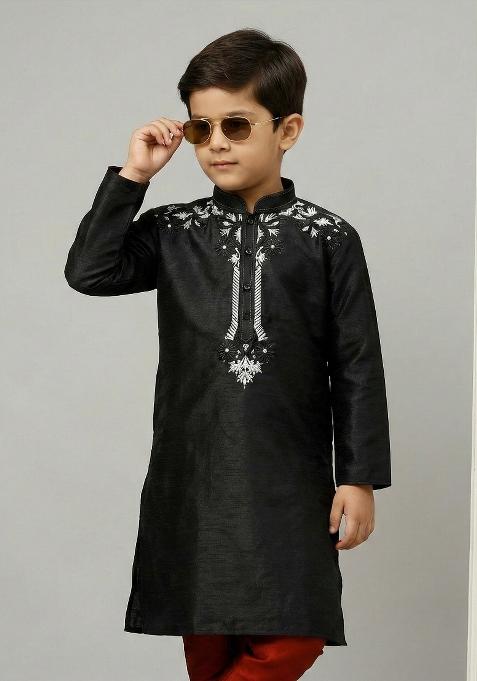 Black Embrodiery Silk Kurta For Boys