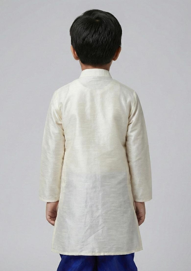 White Embrodiery Silk Kurta For Boys - Indya