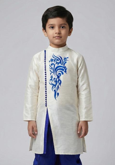 White Embrodiery Silk Kurta For Boys