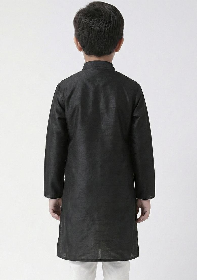 Black Embrodiery Silk Kurta For Boys - Indya
