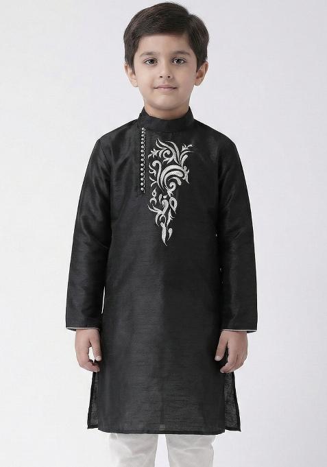 Black Embrodiery Silk Kurta For Boys