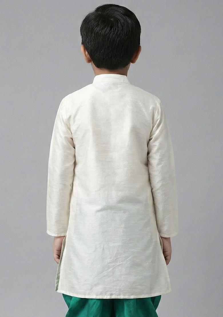 White Embrodiery Silk Kurta For Boys - Indya