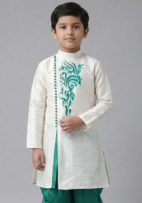 White Embrodiery Silk Kurta For Boys