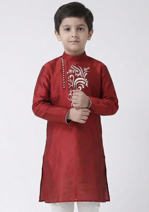 Maroon Embrodiery Silk Kurta For Boys