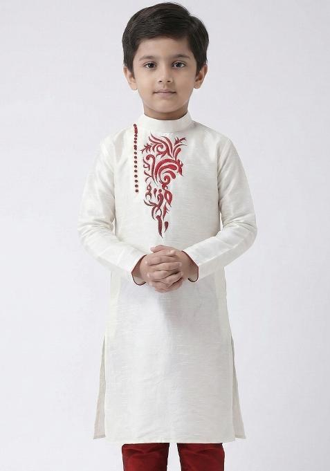 White Embrodiery Silk Kurta For Boys