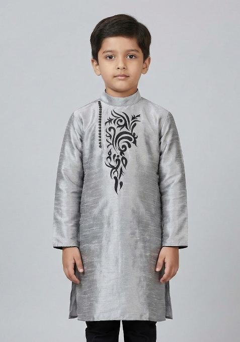 Grey Embrodiery Silk Kurta For Boys