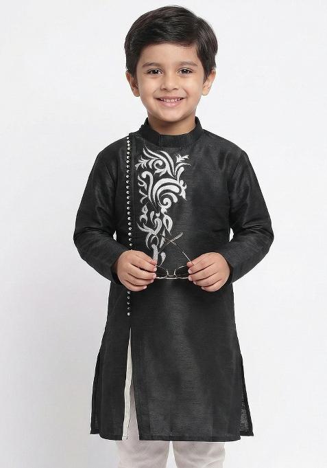 Black Embrodiery Silk Kurta For Boys