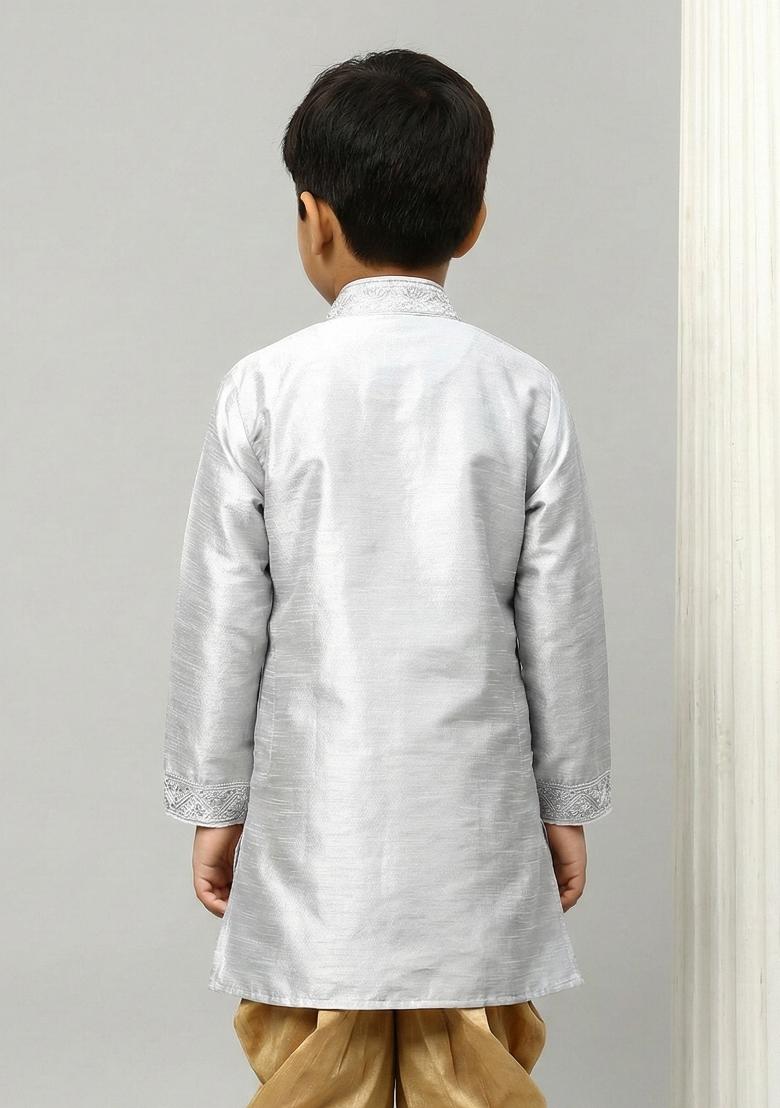 Grey Embrodiery Silk Kurta For Boys - Indya