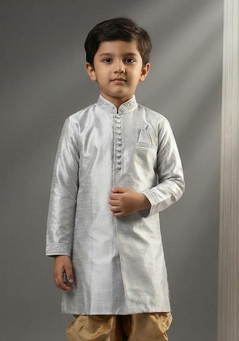 Grey Embrodiery Silk Kurta For Boys