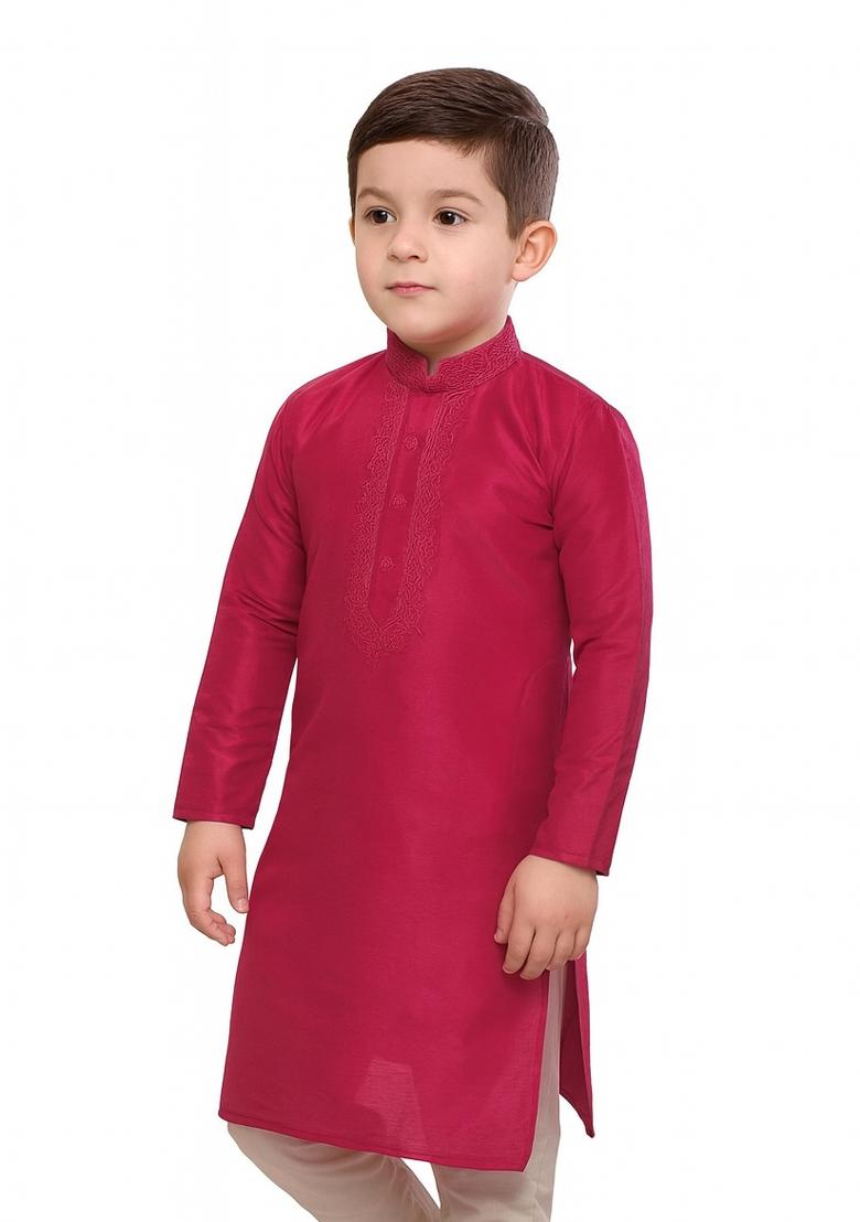 Magenta Plain Silk Kurta For Boys - Indya