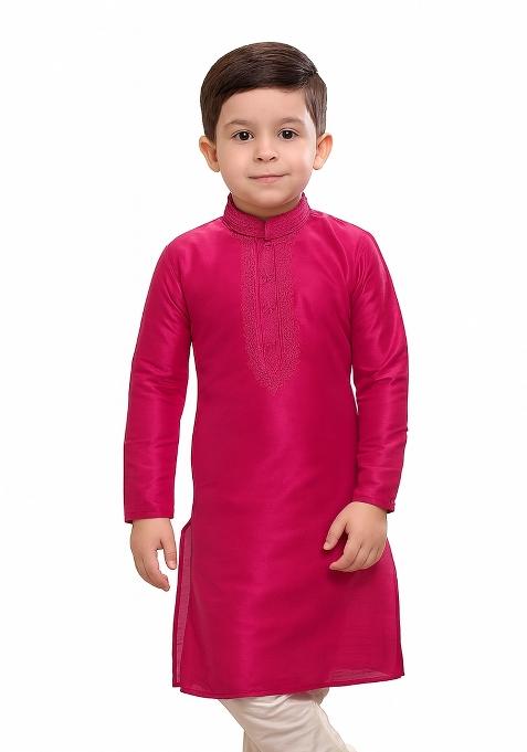Magenta Plain Silk Kurta For Boys