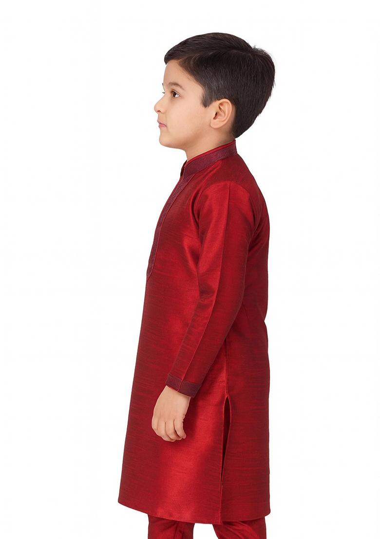 Maroon Plain Silk Kurta For Boys - Indya