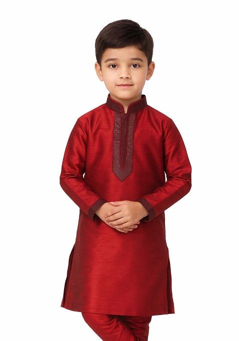Maroon Plain Silk Kurta For Boys