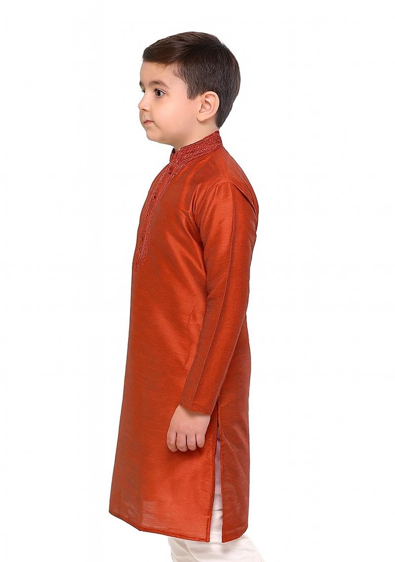 Rust Orange Plain Silk Kurta For Boys - Indya