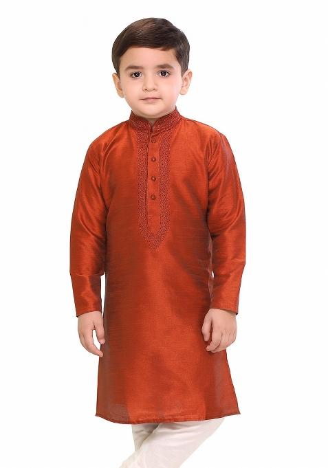 Rust Orange Plain Silk Kurta For Boys