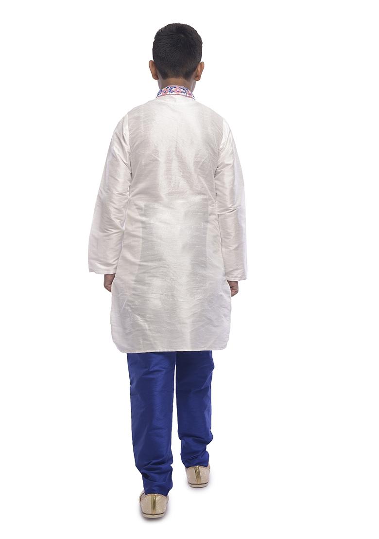 White Embrodiery Silk Kurta Set For Boys - Indya