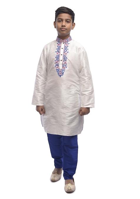 White Embrodiery Silk Kurta Set For Boys