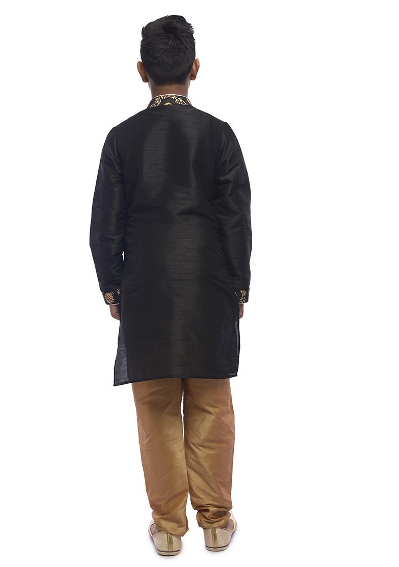 Black Embrodiery Silk Kurta Set For Boys - Indya