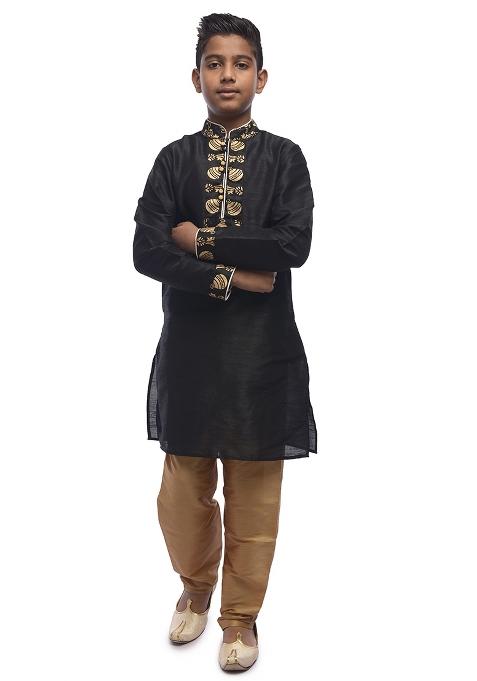 Black Embrodiery Silk Kurta Set For Boys