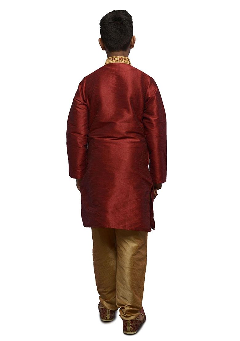 Maroon Embrodiery Silk Kurta Set For Boys - Indya