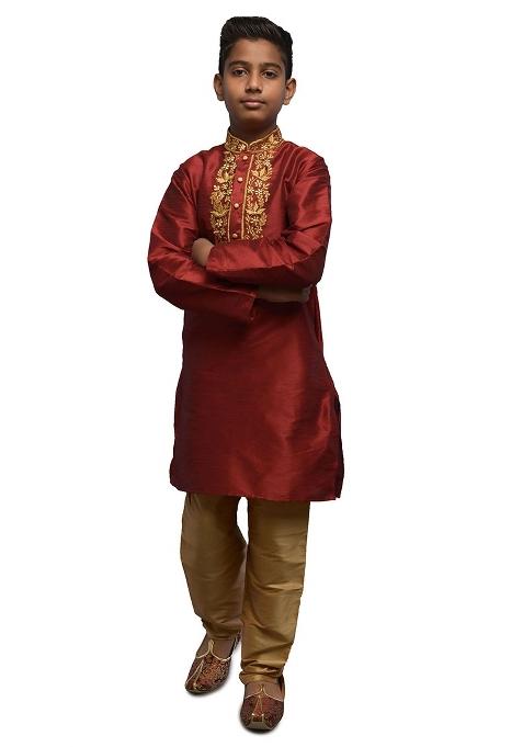 Maroon Embrodiery Silk Kurta Set For Boys