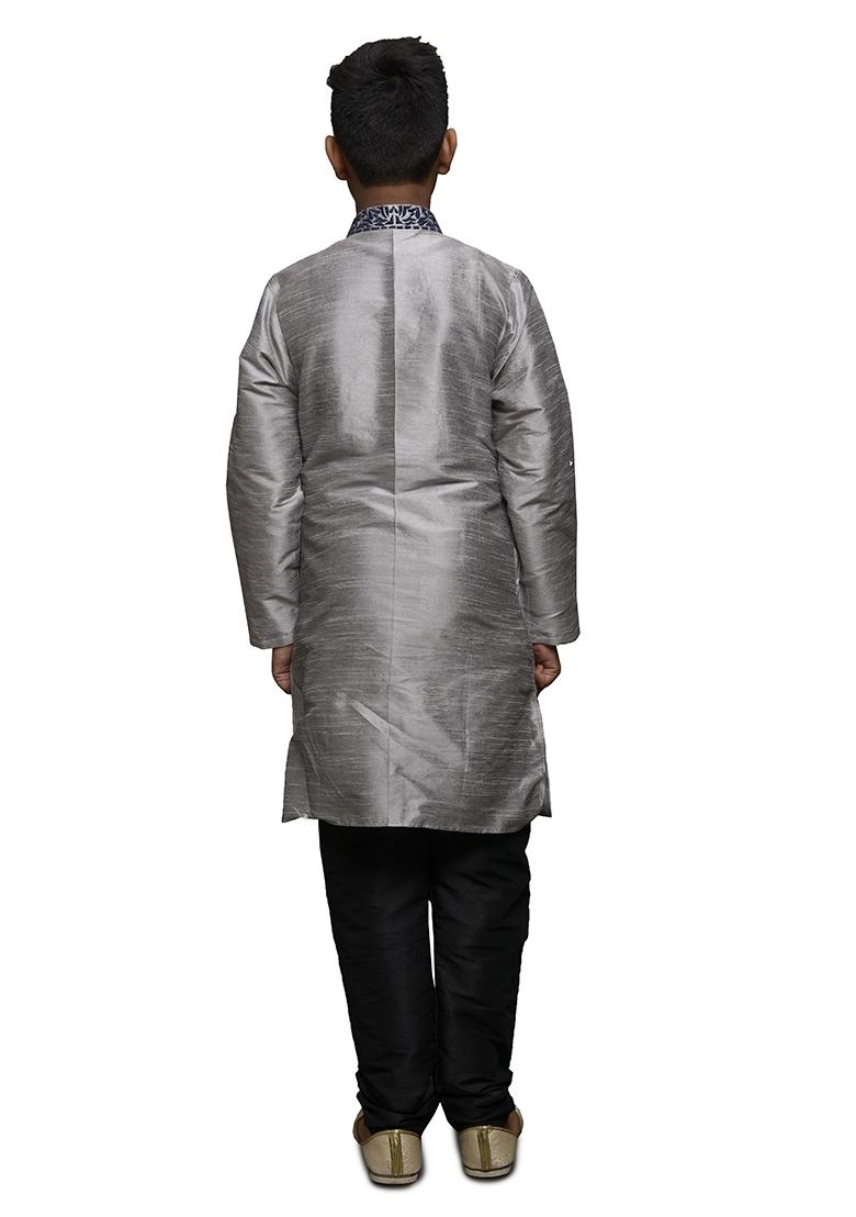 Grey Embrodiery Silk Kurta Set For Boys - Indya